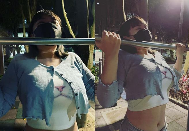 开水小姐公园拉单杠，超凶好身材全现形。(图/ 摘自开水小姐IG)