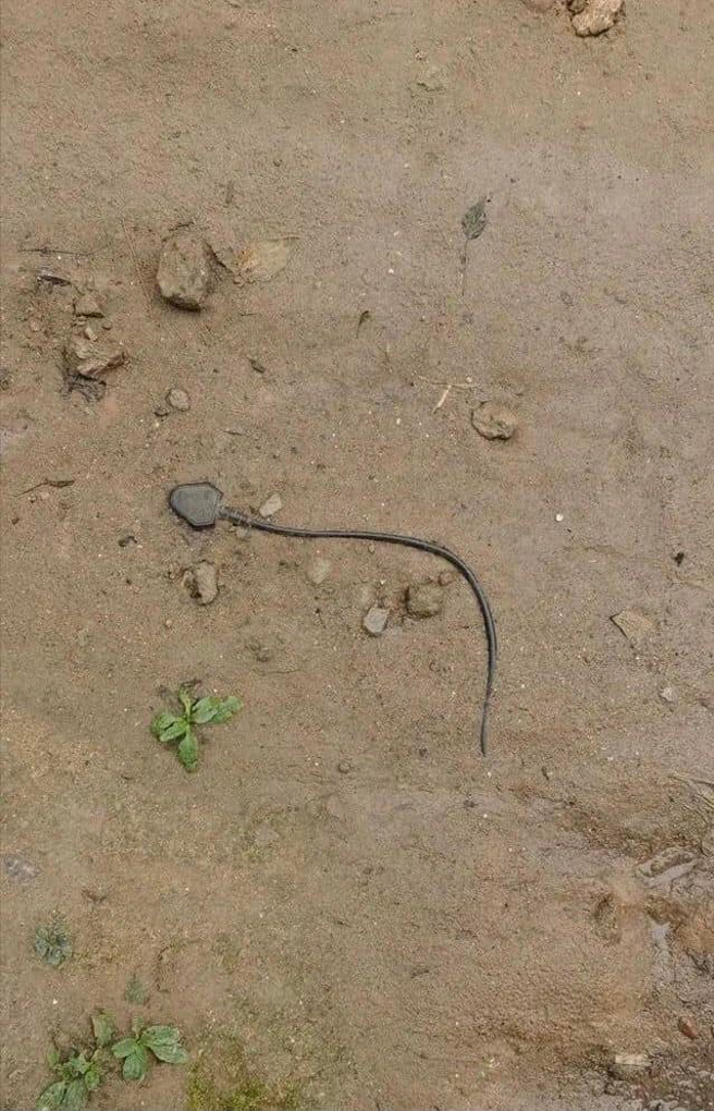 网友日光脚上3个洞的伤口，并拍下地面有1个「头部三角形」后端接着细细长长身体的「物体」，网友猛一看以为是毒蛇，近看才得知原来仅是1条「插头」。（翻摄自脸书「爆废公社二馆」）