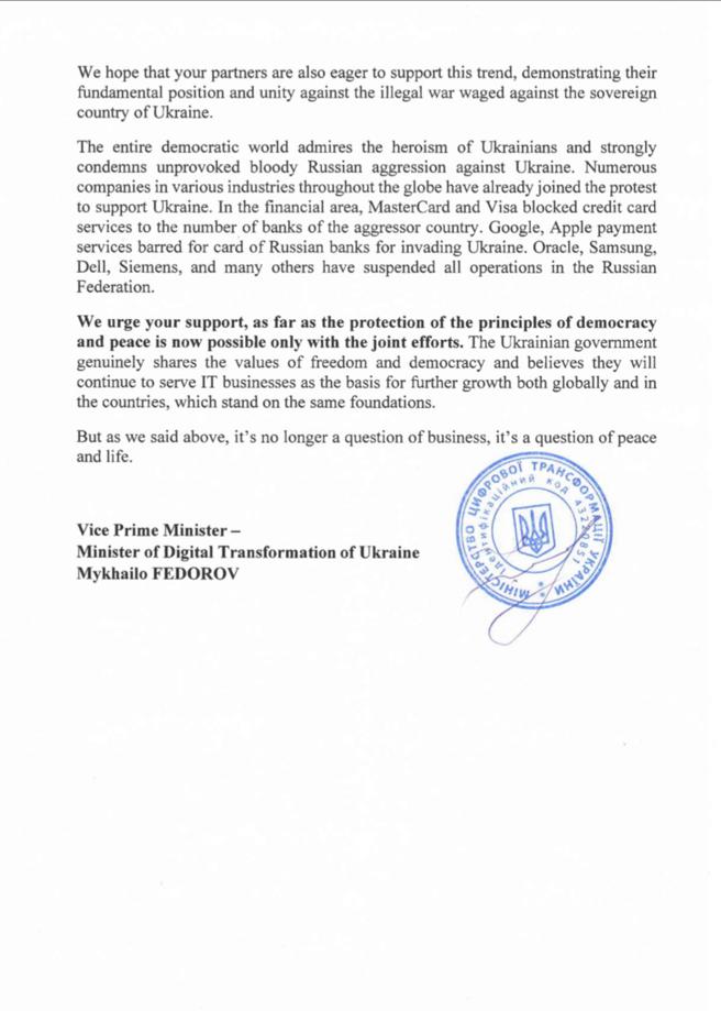 乌克兰副总理兼数位部长Mykhailo Fedorov日前就在Twitter上公开呼吁，因俄罗斯的坦克及导弹持续杀害和平的乌克兰人民，更点名华硕，指出俄罗斯没有道德权利去使用其优秀的科技技术，「这是为了和平，不是为了战争！」，而华硕目前对此没有回应。（翻摄Twitter）