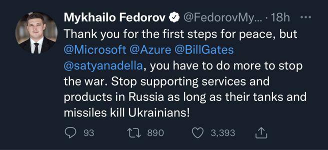 Mykhailo Fedorov也同时在Twitter公开感谢三星、微软等厂商对于乌克兰的支持，但也促请大家再进一步制裁俄罗斯，暂停提供技术及服务，以让这场战争早日结束。（翻摄Twitter）