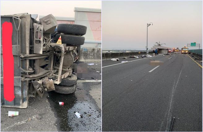 国道3号南下，近九如交流道附近，今年元旦发生死亡车祸，一辆载运牲畜的货车遭到自小客车追撞，满地猪尸。（中时资料照）