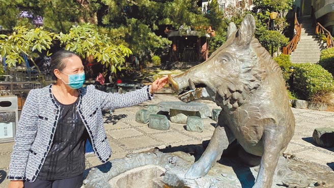 谷关神木谷饭店「姻缘猪」铜雕声名远播，据说只要摸摸猪鼻与「猪哥口水」，就能很快觅得良缘。（王文吉摄）