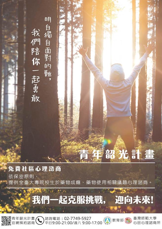 教育部推动「青年韶光计画」，提供有药酒瘾大专生的求助管道。（教育部提供／林志成台北传真）