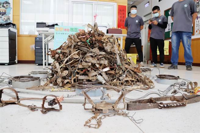 嘉義縣政府去年3月首推「獸鋏淨空嘉園專案」，至今年2月底已查獲捕獸鋏與山豬吊246具，足以堆成一座小山。（呂妍庭攝）