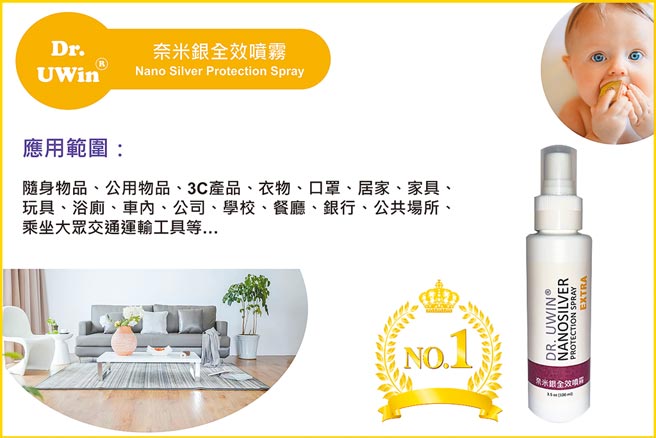 「Dr. UWin奈米银全效喷雾」应用范围广泛，不只是成人、幼童，连毛小孩皆可安心使用，提供长效安全完善照护。图／优胜奈米科技提供