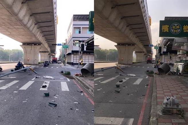 吊車不慎擦撞號誌燈。（翻攝記者爆料網／洪靖宜高雄傳真）