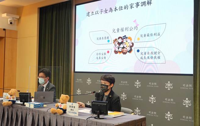 司法院15日例行记者会由少年及家事厅厅长谢静慧（图右）及司法院发言人张永宏处（图左）介绍推动「法院精进家事调解」业务之目的及未来规划。（司法院提供）