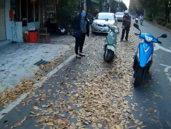 婦人騎機車急煞車，疑因路面落葉打滑而摔倒。（讀者提供）
