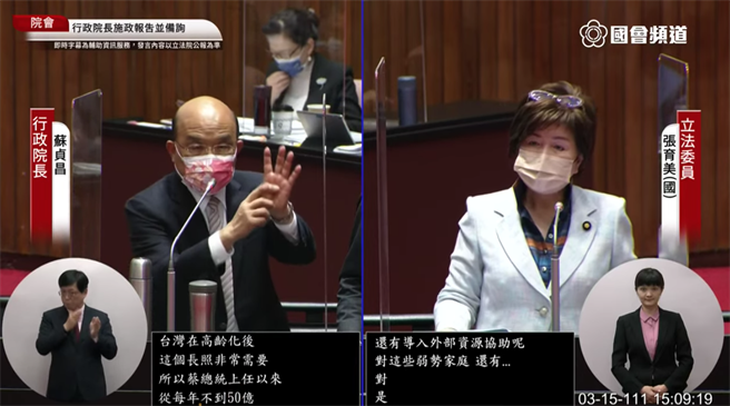 國民黨立委張育美（右）質詢行政院長蘇貞昌（左）。（取自國會頻道）