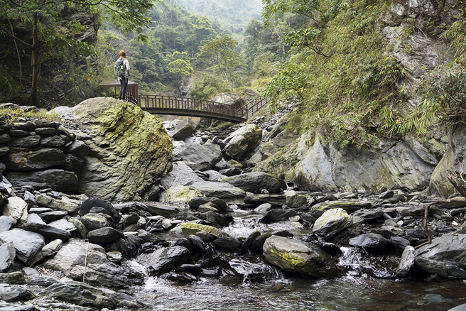 莫拉克风灾大幅改变溪流地景，现在沿着扇平溪的园区步道皆为风灾后所重建。(摄影/Cindy Lee)