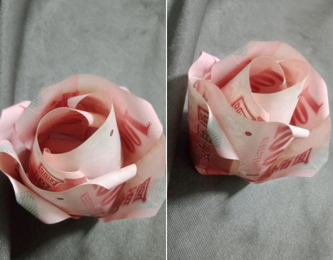 一名人夫用一万元折成「钞票玫瑰」送老婆当白色情人节礼物，不料眾人一看全歪楼。(图/截自脸书爆料公社)