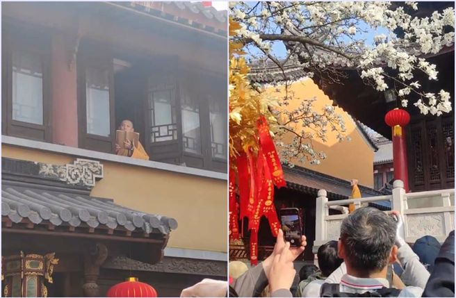 持善法师摆姿势让粉丝拍个过瘾，「灵谷寺法师出家比在家累」也成了微博热搜。（翻摄微博柳飘飘有点飘）