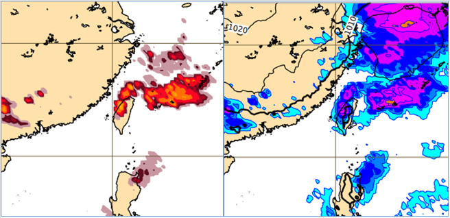 最新欧洲(ECMWF)模式模拟，周五(18日2时)闪电频率(前6小时)图显示，明(17日)晚、周五(18日)晨中部以北局部地区有「春雷」机率(左图)；同时降雨量模拟图显示，明晚、周五晨有较大雨势发生(右图)。(翻摄自 「三立准气象· 老大泄天机」)

