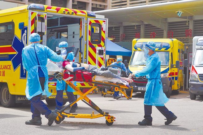 香港疫情居高不下，总染疫死亡人数甚至超过了武汉。图为13日一位插管重症新冠病患被送至香港伊利沙伯医院。（中新社）
