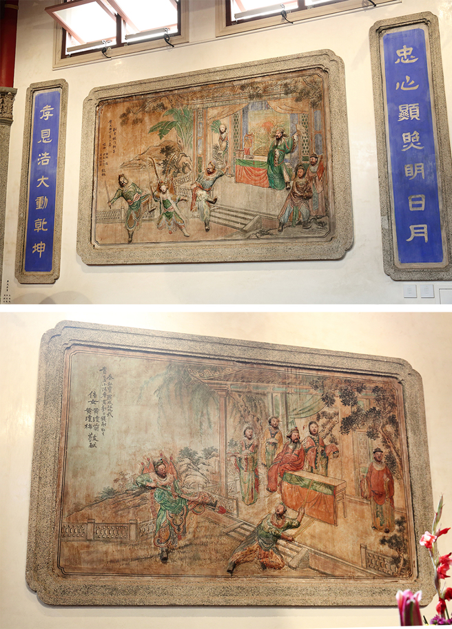 正殿龍虎牆彩繪：「秦叔寶、羅成雙比武圖」、「轅門斬子圖」等壁畫，是國寶級彩繪大師陳玉峰所繪作之作品。(攝影/Carter)