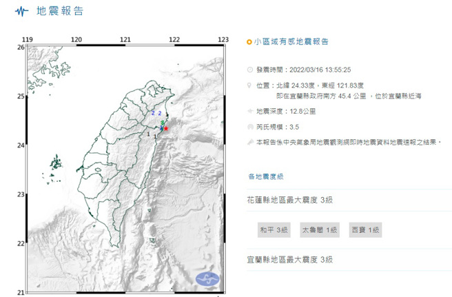 今天下午1时55分发生芮氏规模3.5地震，最大震度花莲县、宜兰县3级。(图／中央气象局)