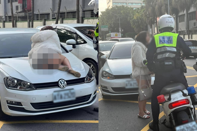 林姓女子16日上午7时许因精神不稳，跑至家门口附近的道路上，随机趴在停等红灯的轿车引擎盖上，吓坏路人。（翻摄自脸书社团《爆废公社公开版》）