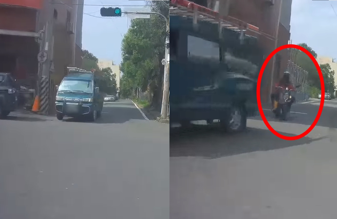 骑士被前方箱型车遮蔽，造成视线死角之外，还以切西瓜方式左转。（翻摄自YouTube频道「WoWtchout - 地图型行车影像分享平台」）