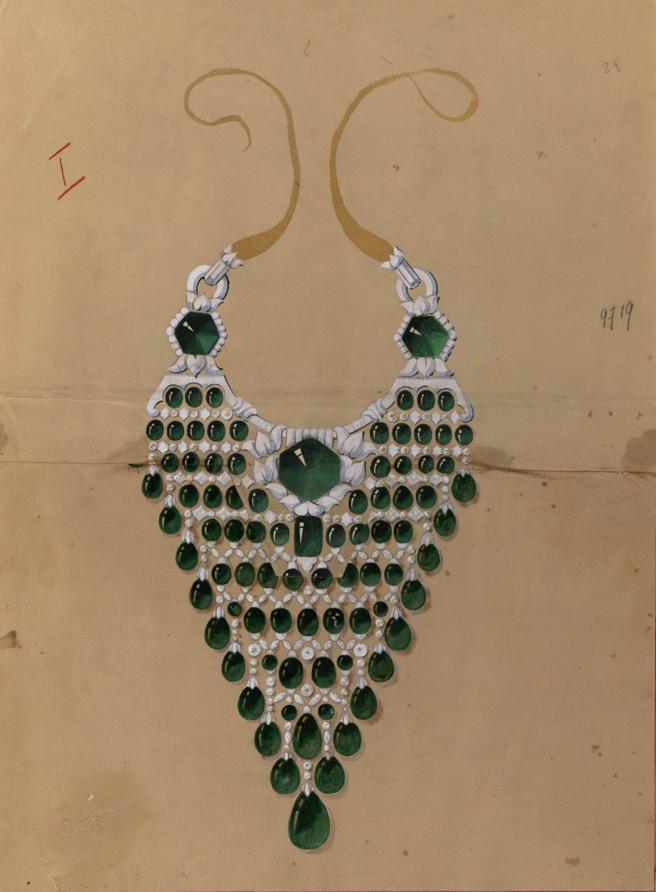 印度大君订制珠宝的设计草图，三颗祖母绿主石重达150 克拉，宝石硕大且层迭繁复，是权力的象徵。（Boucheron提供）
