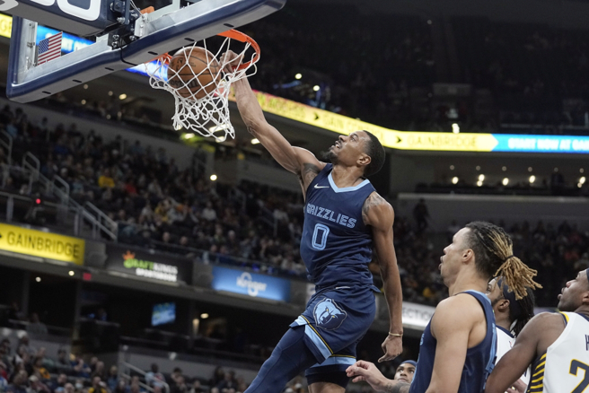 灰熊隊De'Anthony Melton衝入灌籃。（美聯社資料照）