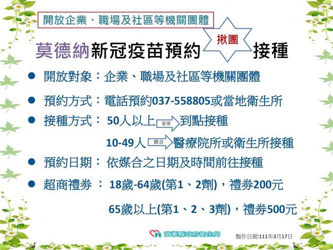 苗栗縣政府鼓勵民眾接種新冠疫苗。（苗栗縣政府提供／謝明俊苗栗傳真）