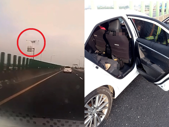 物理老师分析铁片飞来时速恐高达250公里，直逼高铁时速300公里，且强大衝击力当场击破挡风玻璃「砸向女老师脸部」，头部血肉模糊，女老师直接死亡。（翻摄照片）