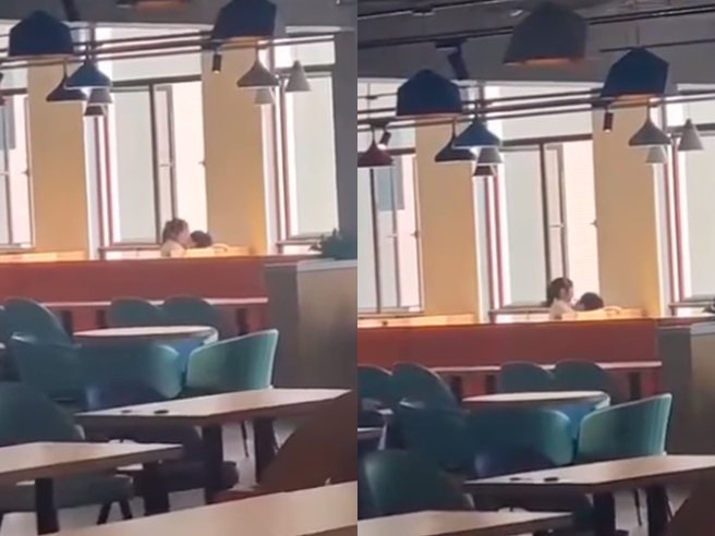 1对男女日前被目击在餐厅角落的座位区，女方竟跨坐在男方身上「不断上下晃动」，让目击者看傻眼。（翻摄自脸书「爆废公社」）