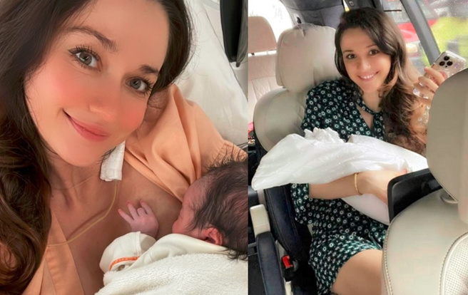 瑞莎亲自哺乳喂二女儿晒满满幸福。（图／取自瑞莎脸书）