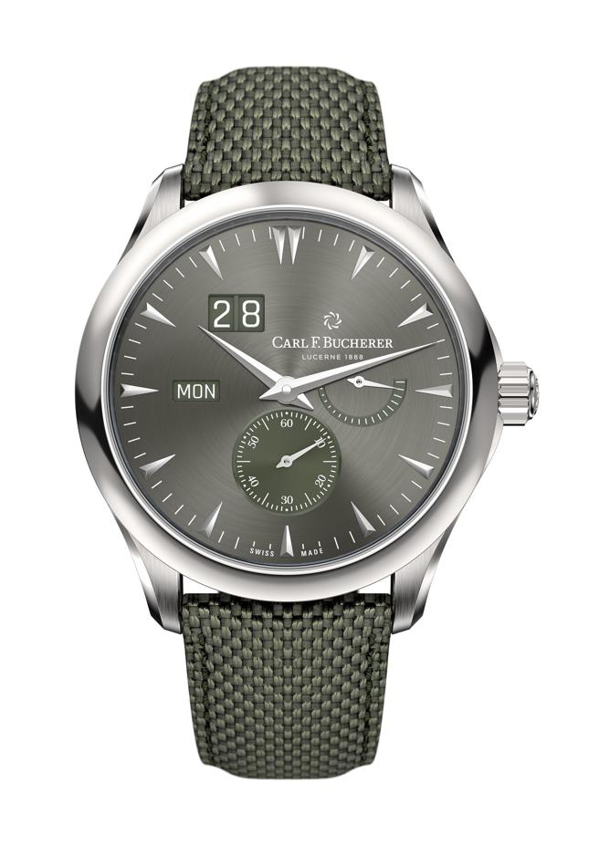 寶齊萊馬利龍外緣自動大日曆系列腕表，綠面織帶款27萬元。（Carl F.Bucherer提供）