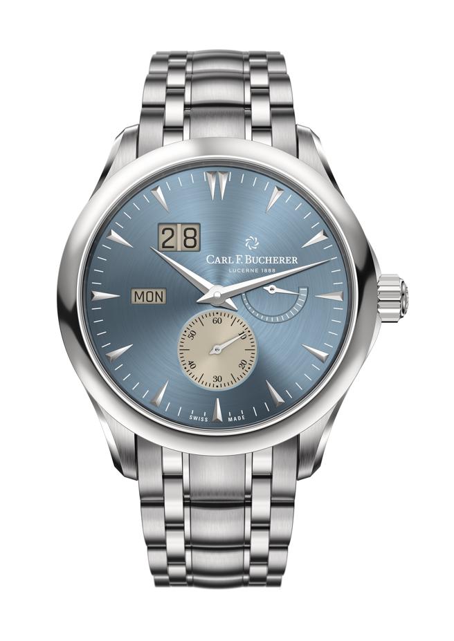 寶齊萊馬利龍外緣自動大日曆系列腕表，藍面鍊織帶款28萬元。（Carl F.Bucherer提供）