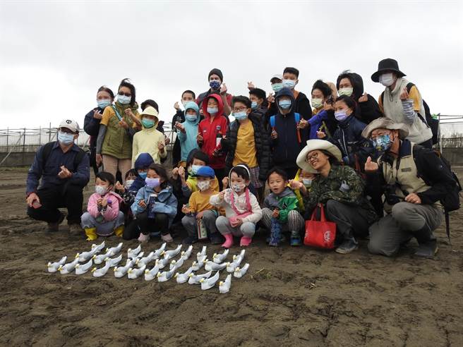 桃园市野鸟协会18日于竹围渔港北堤海滩摆设32只水泥做的小燕鸥假鸟，吸引小燕鸥筑巢。（桃园市野鸟协会提供／陈梦茹桃园传真）
