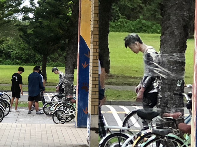 花莲东华大学日前被人目击有学生在校园内恶作剧，一票人将1名男子用胶带牢牢绑在树上后，不断对男子泼洒白色粉末。（翻摄自脸书「黑特东华」）