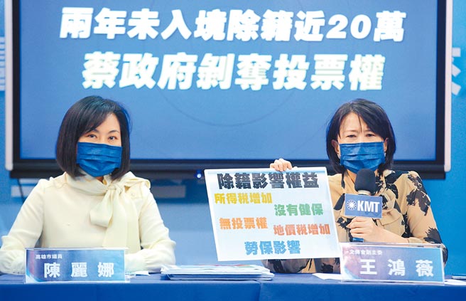 国民党高雄市议员陈丽娜（左）与文传会副主委王鸿薇（右）等人17日召开「两年未入境除籍近20万，蔡政府剥夺投票权」记者会。（张铠乙摄）