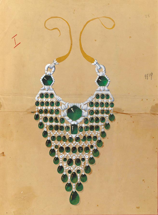 印度大君订制珠宝的设计草图，三颗祖母绿主石重达150克拉，宝石硕大且层迭繁复，是权力的象徵。（Boucheron提供）