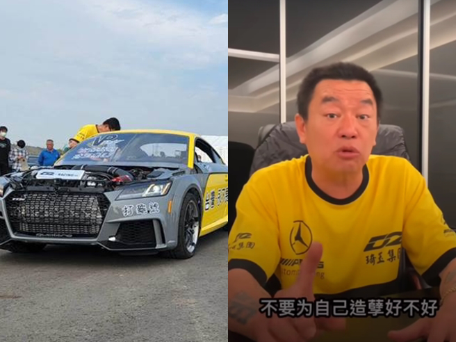 廖老大揚言超越大陸網紅跑零四的紀錄，積極在台灣尋覓能實測的場地，原先傳出明（30日）將於麗寶賽車場實測，但麗寶賽車場回應，從未收到該團隊的執行計畫，讓外界懷疑明日的實測是否生變。（合成圖，左為謝瓊雲攝、右翻攝自YouTube）