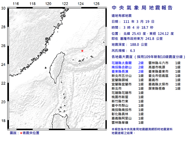 清晨3时04分台湾东北海域发生规模6.3有感地震 。（图取自气象局网页）
