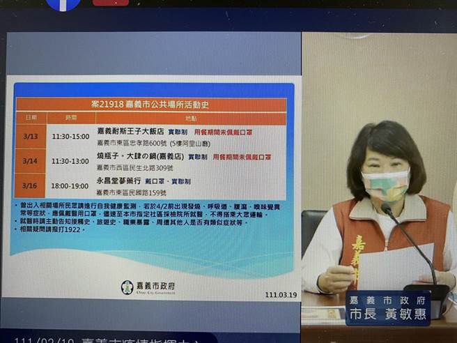 嘉義市長黃敏惠說明確診個案21918的足跡。（廖素慧攝）