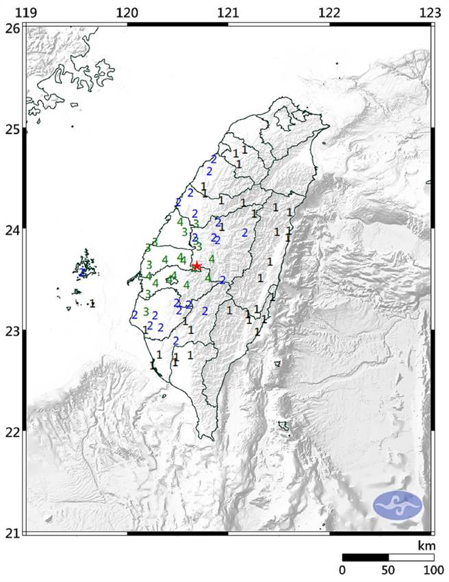 南投地震，云林县最大震度4级无灾情传出。（摘自中央气象局网页）