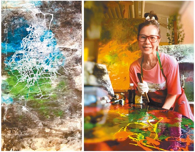旅居新加坡的台湾画家陈玉庭（右），与其获得一等奖的现代水墨作品「取静于山，寄情于水」（左）。图／陈玉庭提供