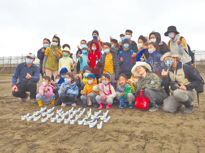 桃园市野鸟协会18日于竹围渔港北堤海滩摆设32只水泥做的小燕鸥假鸟，吸引小燕鸥筑巢。（桃园市野鸟协会提供／陈梦茹桃园传真）