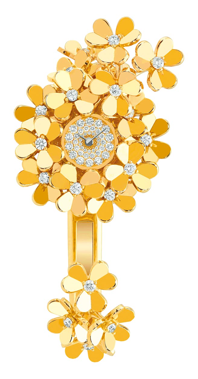 梵克雅宝Frivole Secrete珠宝表，K金镶钻的花朵以层层堆迭方式陈列，诠释花团锦簇的美景，138万元。（Van Cleef & Arpels提供）