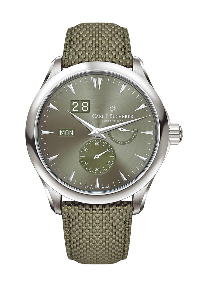 寶齊萊馬利龍外緣自動大日曆系列腕表，綠面織帶款27萬元。（Carl F. Bucherer提供）