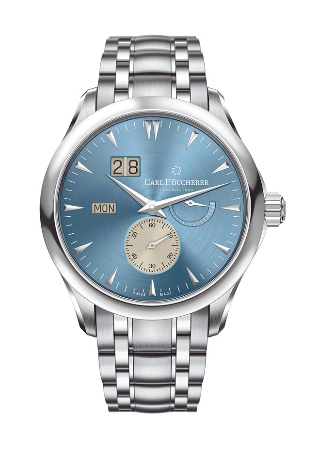 寶齊萊馬利龍外緣自動大日曆系列腕表，藍面鍊帶款28萬元。（Carl F. Bucherer提供）