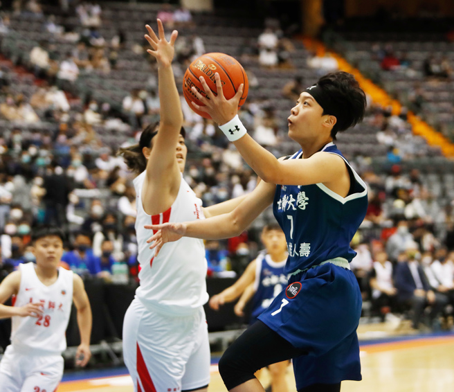 世新大学队长苏嘉娴（右）在110学年UBA公开女一级冠军赛上半场投进8分。（陈怡诚摄）