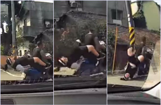 網友分享行車紀錄影片，機車後座馬尾妹倒栽蔥摔車。（截自臉書《●【爆料公社二社】●》影片）