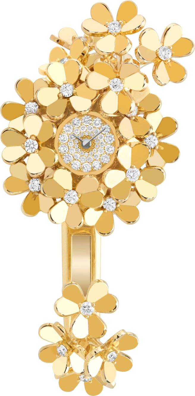 梵克雅宝Frivole Secrete珠宝表，K金镶钻的花朵以层层堆迭的方式陈列，诠释花团锦簇的的美景，138万元。（Van Cleef &