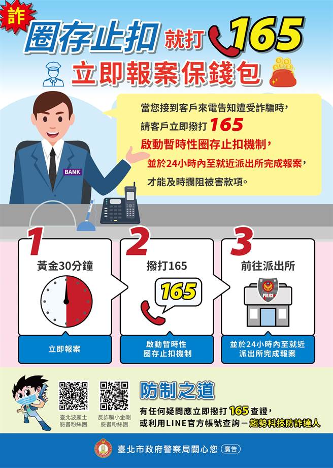 北市刑警大队提醒民眾遇到诈骗，第一时间拨打165专线可对人头帐户圈存止扣。（刑大提供）