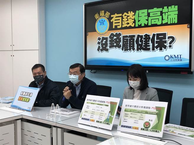 国民党团总召曾铭宗（中）、副书记长谢衣鳯（右）、国民党立委林为洲（左）上午举行记者会，要求健保部分负担新制应暂缓实施。（赵婉淳摄）