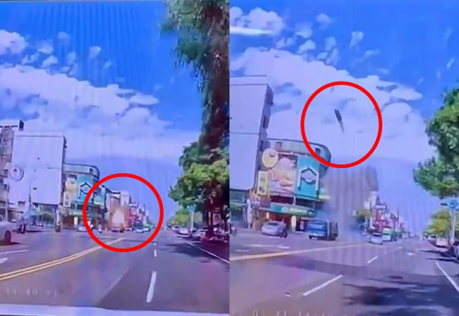 高雄市建工路上，储存槽爆炸，钢瓶喷飞4层楼高。（记者爆料网LINE社群）
