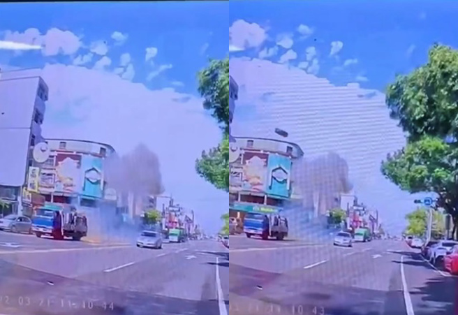 高雄市建工路上，储存槽爆炸，钢瓶喷飞4层楼高。（记者爆料网LINE社群）